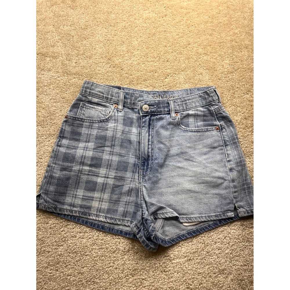 American Eagle Plaid Split Denim Shorts Light Wash High Waisted Womens 10